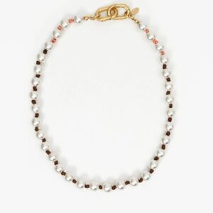 Silver Pearl Beaded Necklace with Gold Clasp and Brown Accents